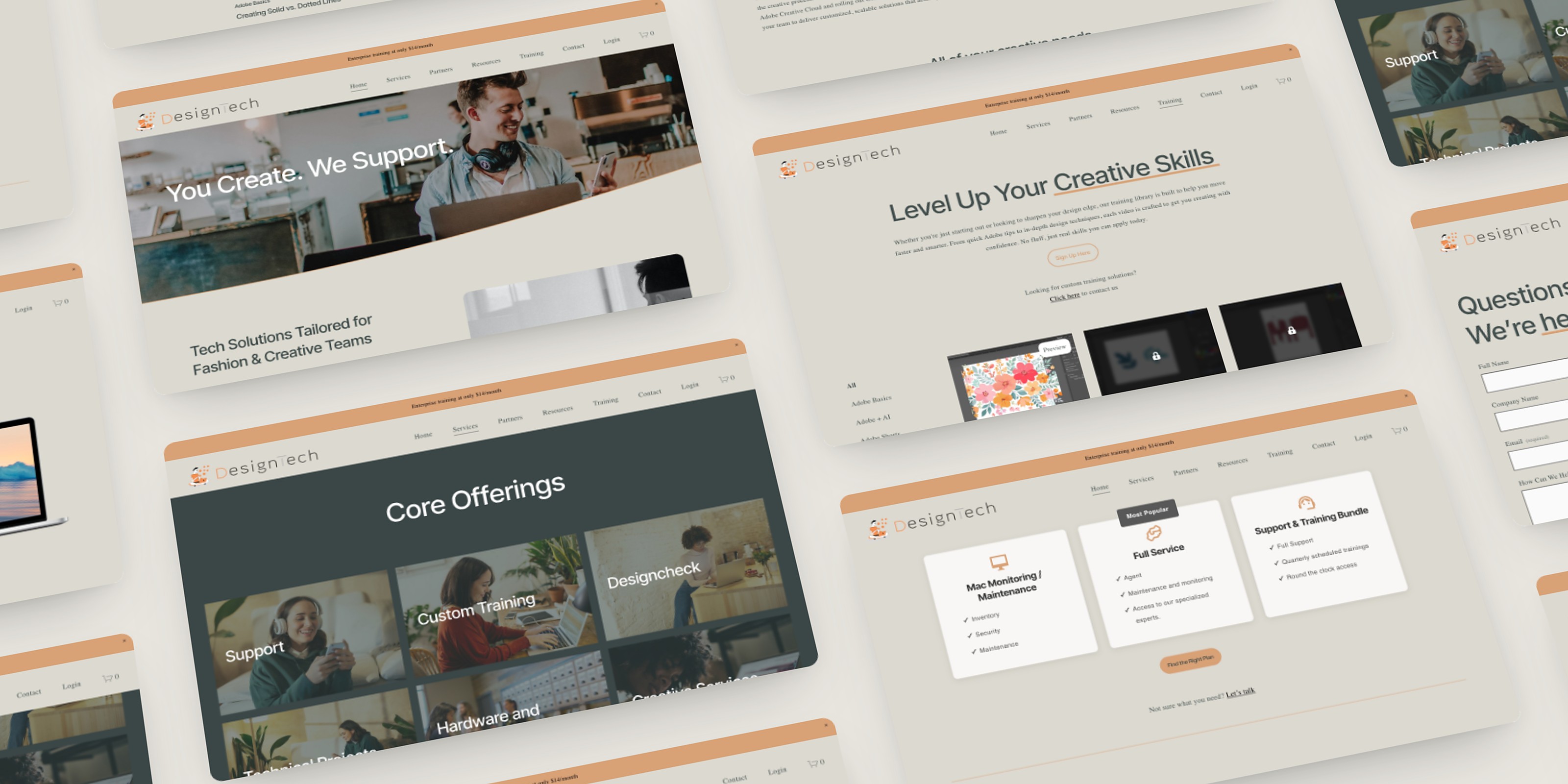 A tilted collage of designtechnyc.com pages: the homepage, the training library, Core Offerings, the service plans and contact
