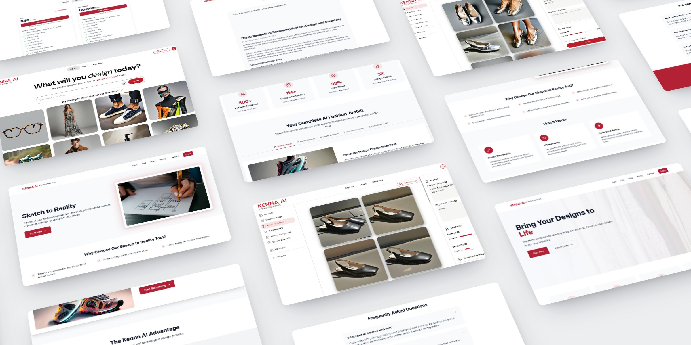 A tilted collage of Kenna AI website and app screens: the home page, Sketch to Reality, pricing, the toolkit and the generation workspace