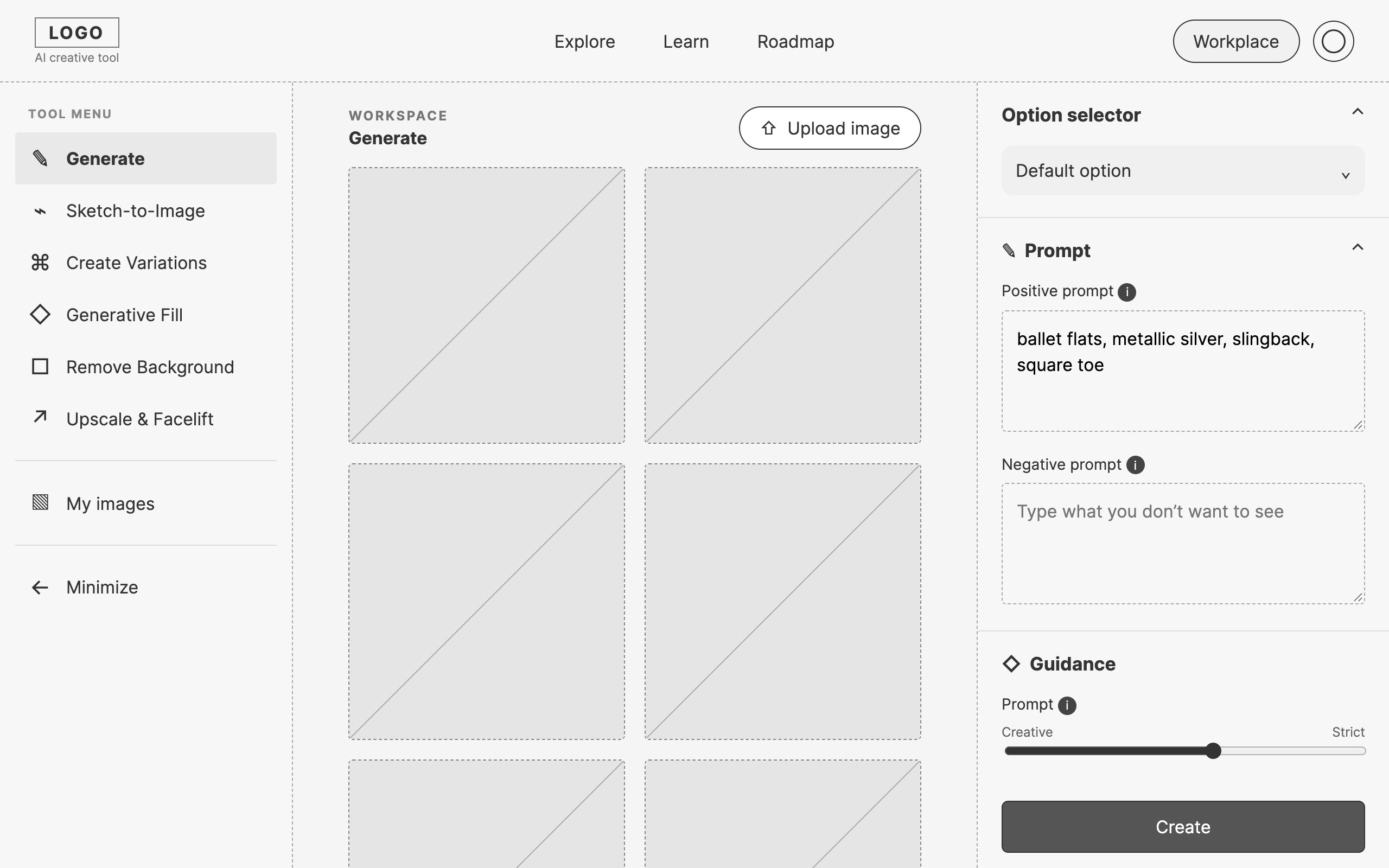 Kenna wireframe, the Workplace: tool menu on the left, a results grid in the middle, and positive prompt, negative prompt and guidance controls on the right