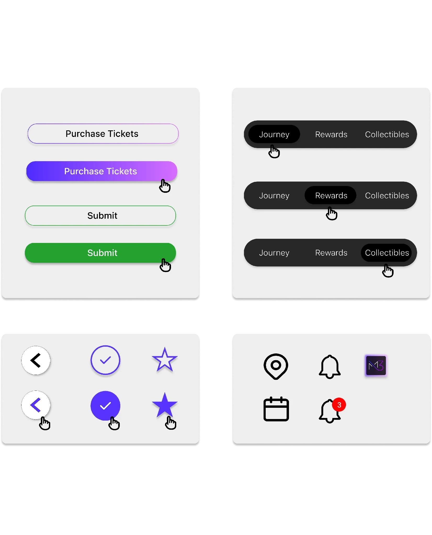 Buttons, tabs and icons in their default and pressed states