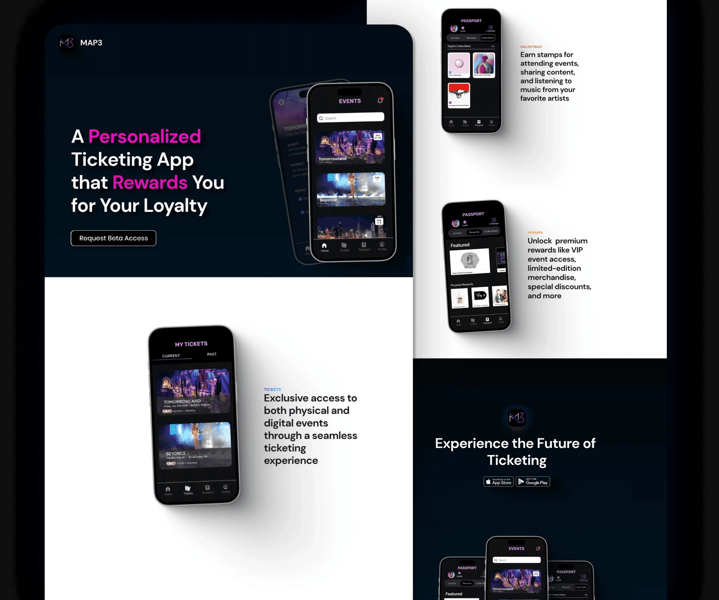 The final MAP3 landing page: the hero, feature sections with phones and the closing call to action