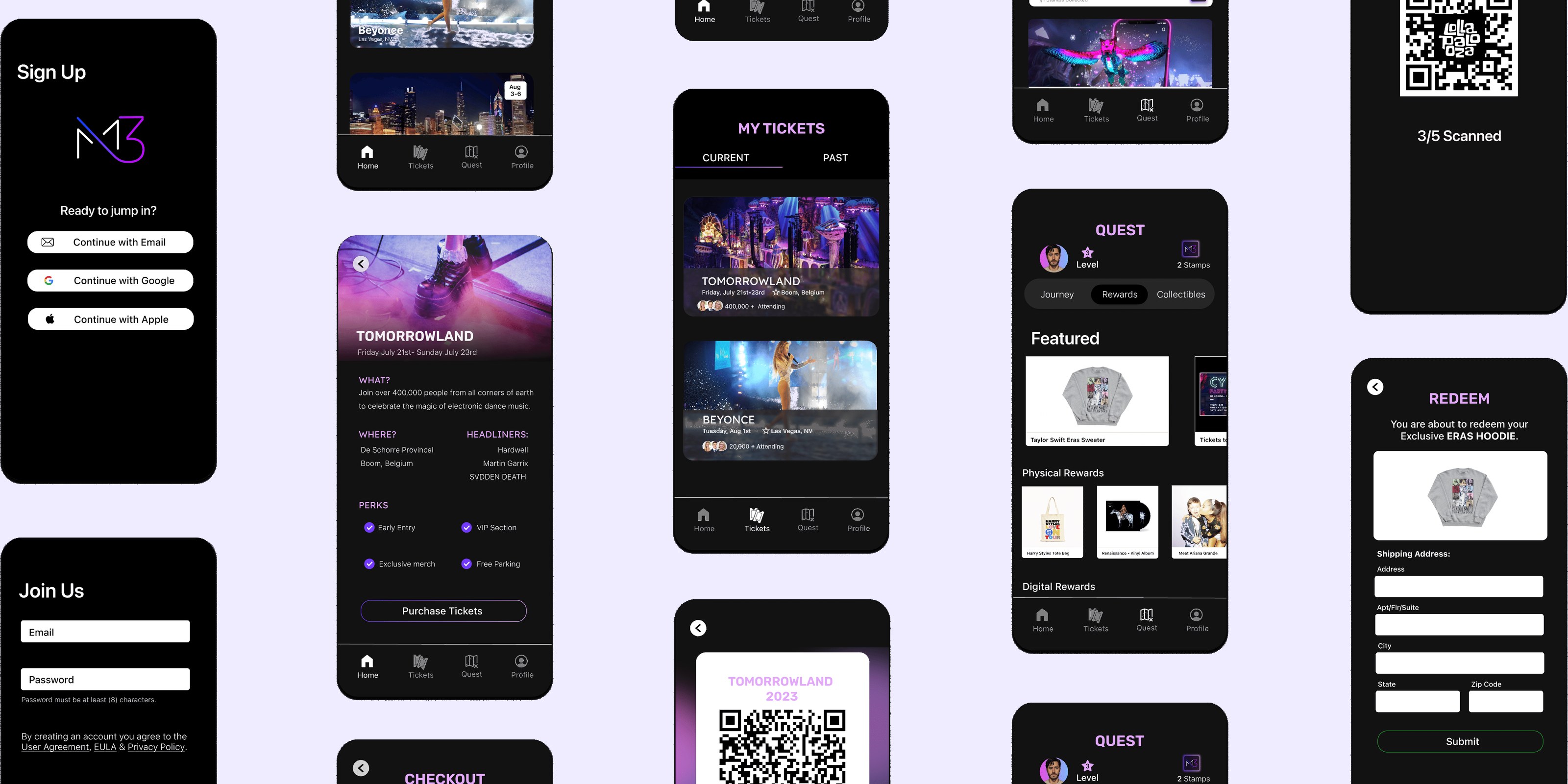 MAP3 app screens: sign up, events, tickets, Quest rewards and redemption