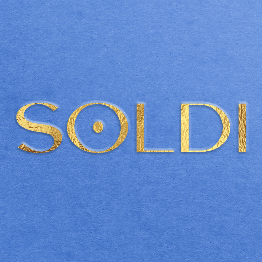 The Soldi wordmark in gold leaf on blue paper