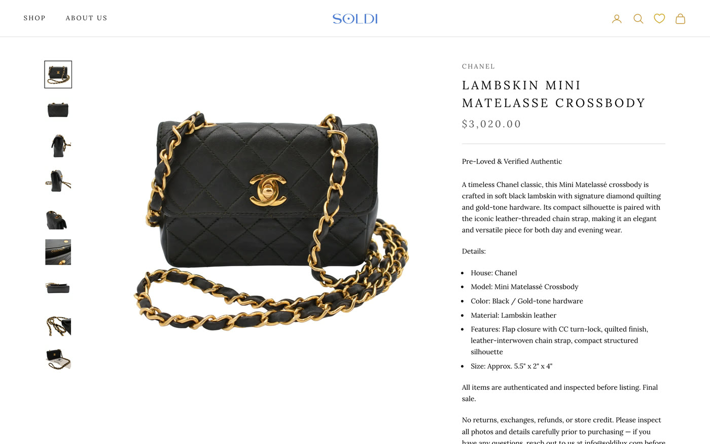The live Soldi product page: Chanel lambskin mini crossbody