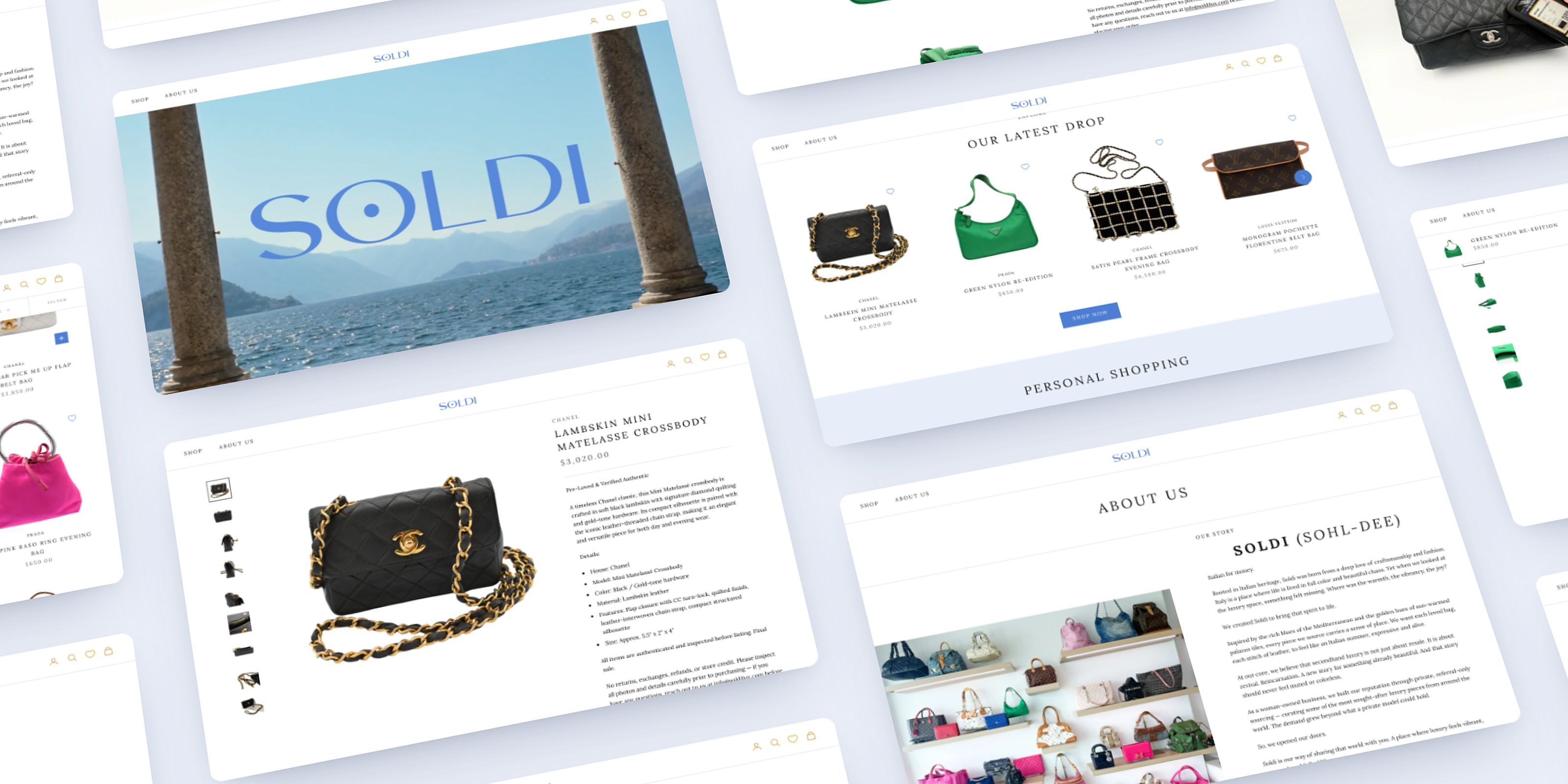 A tilted collage of soldilux.com pages: the homepage, the latest drop, product pages, authentication and about
