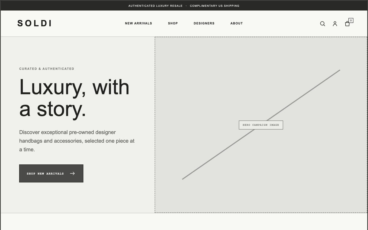 Soldi homepage wireframe: navigation, a full-width hero and the latest drop